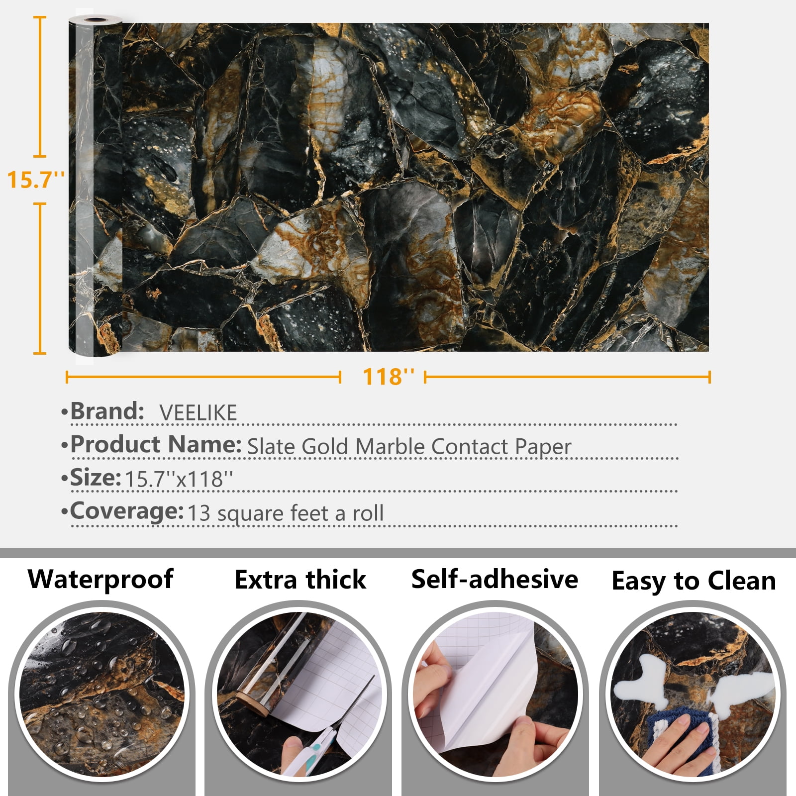 VEELIKE 15.7''x118'' Glossy Slate Gold Marble Peel and Stick Countertops Contact Paper Waterproof Marble Wallpaper for Kitchen Counter Top Self Adhesive Vinyl Wallpaper for Bedroom Shelf Cabinets