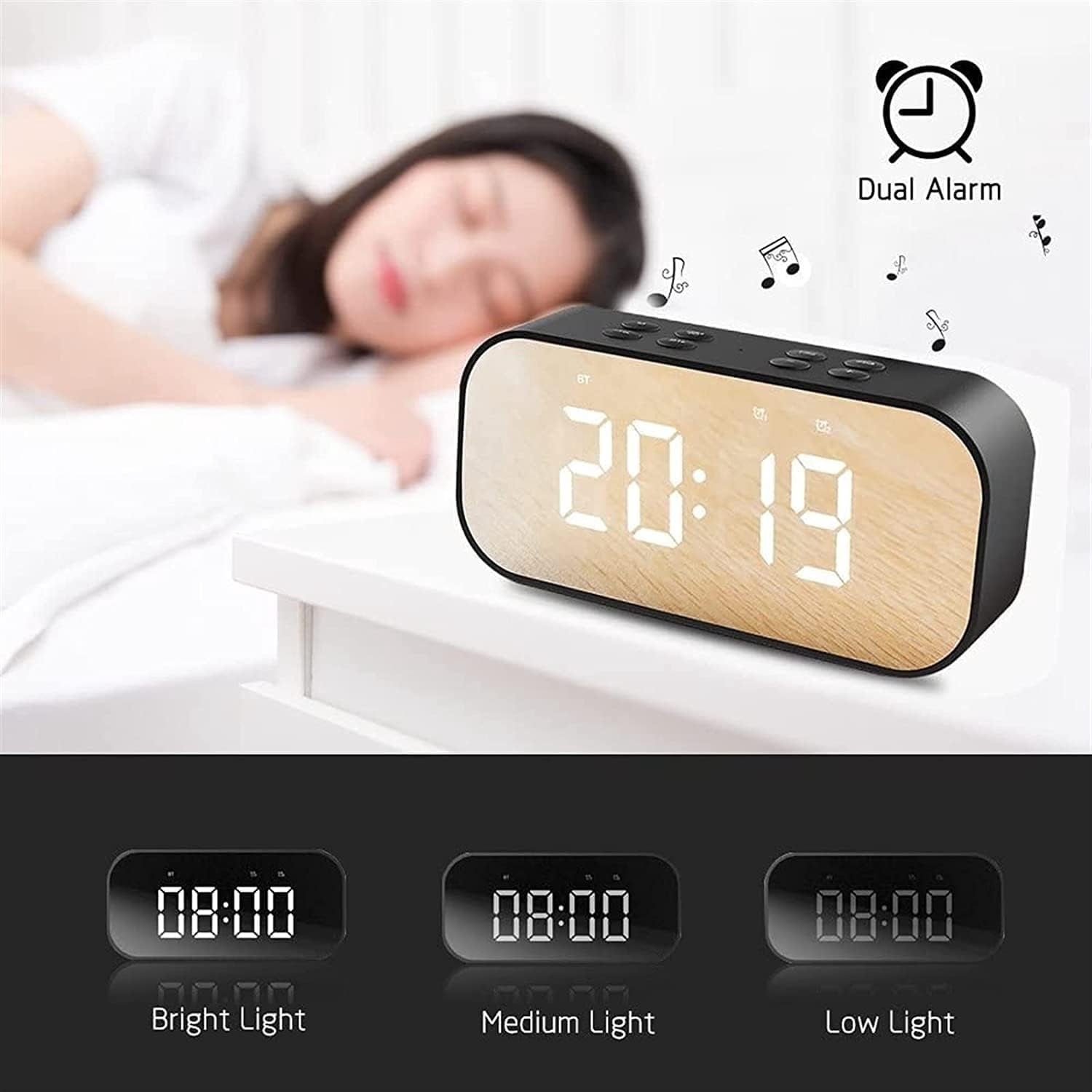 Alarm Clock with Bluetooth Speaker, Alarm Clock for Bedroom/Office, LED Digital Alarm Clock, Large Display Easy to Read Across,Makeup Mirror Multi-Function Desk Clock for Heavy Sleepers Adults(Black)