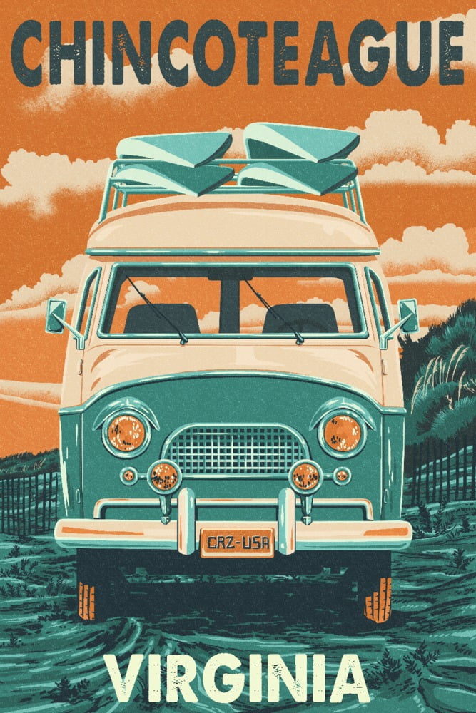 Chincoteague, Virginia, Letterpress, Camper Van (9x12 Wall Art Print