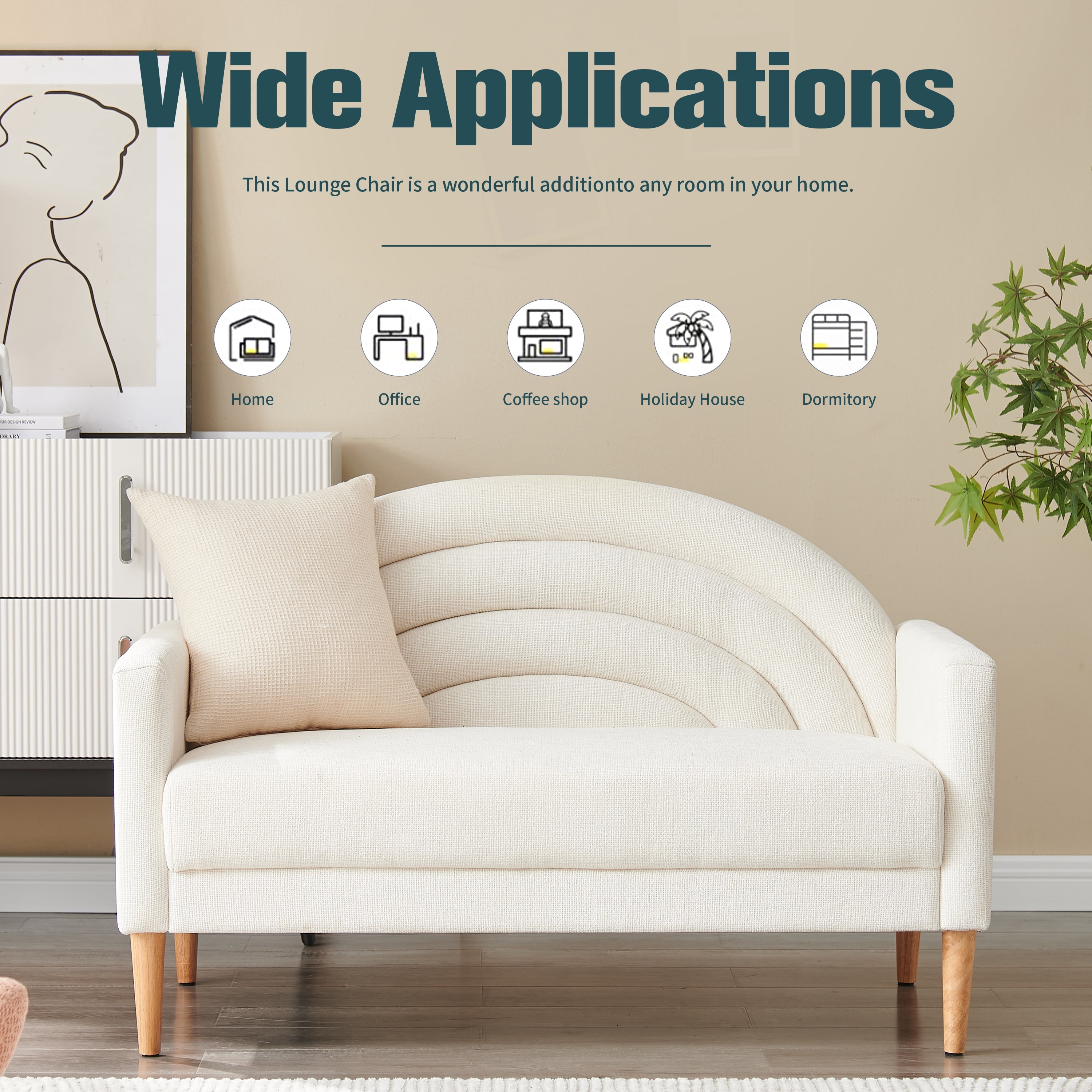 Loveseat Sofa for Small Spaces,49.6" Mid-Century Modern Linen Small Couch with Arched Backrest,2-Seater Upholstered Settee,600 lbs Capacity,Cream