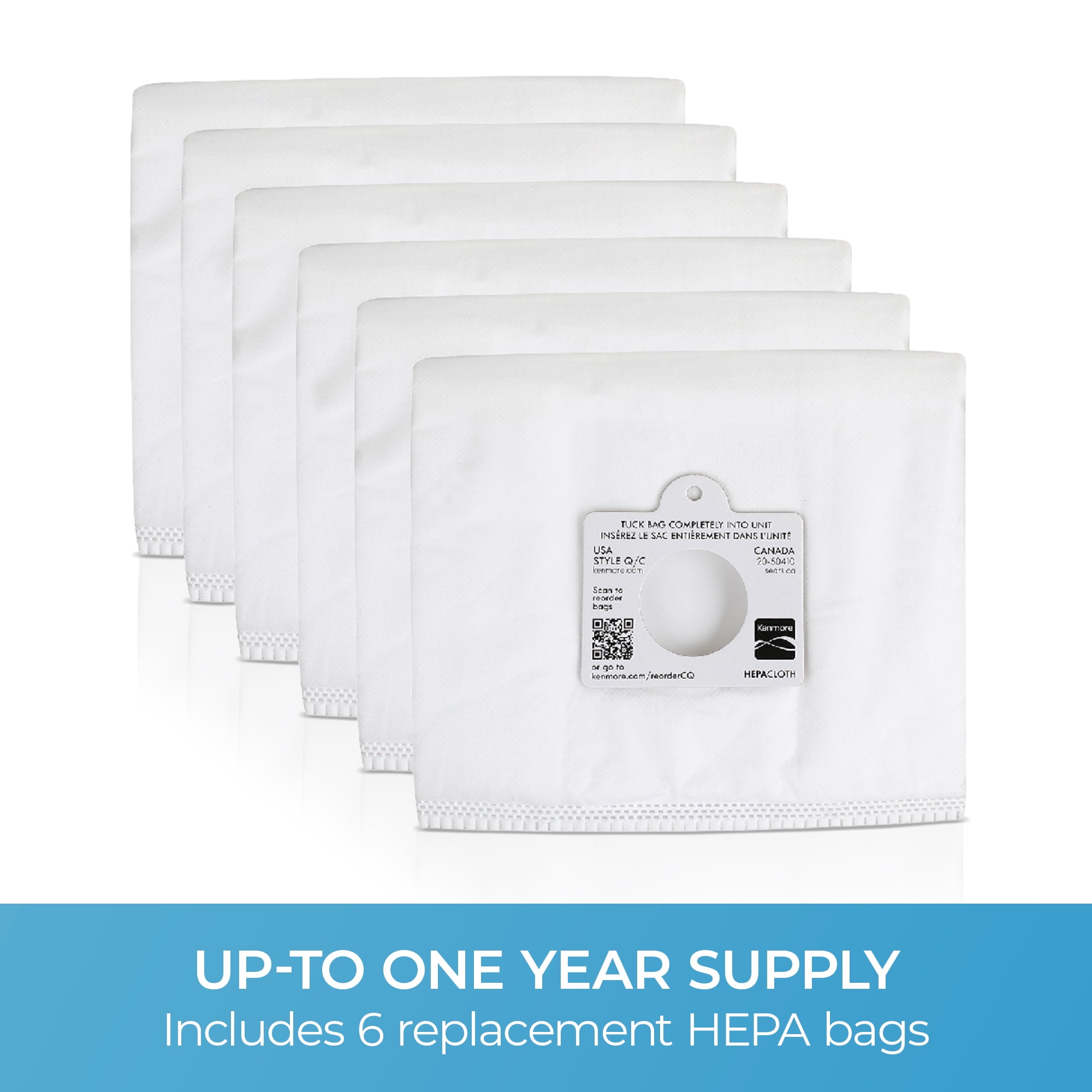 Kenmore 53292 Type Q Replacement Dust Bags for Canister Vacuums, 2.8L XL Capacity, 6-Pack, White