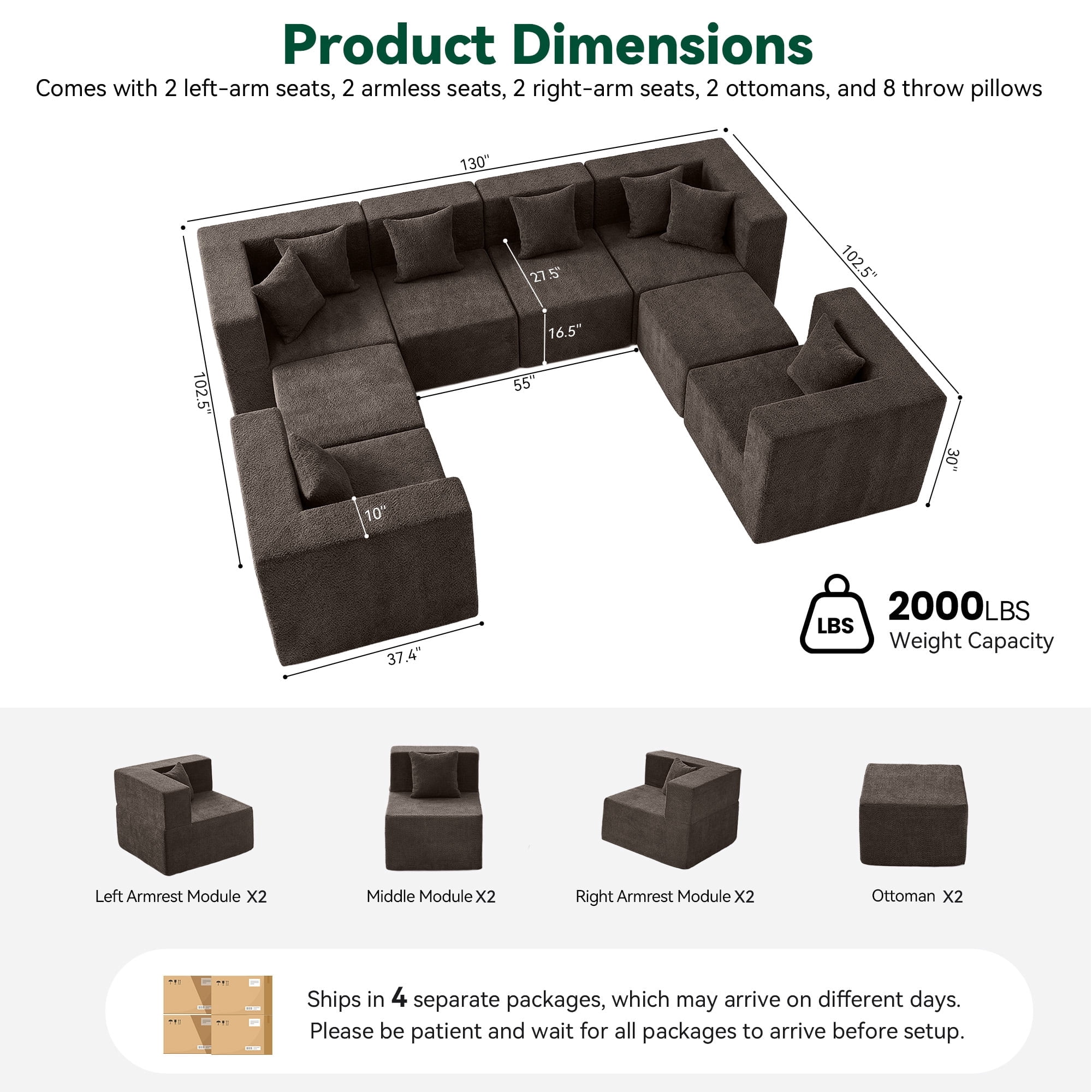 BEHOST 130" 8-Piece Modular Sectional Sofa with Ottomans, U-Shaped Pit Couch for Living Room, Modern Teddy Fabric Cloud Couch Set, Large Sleeper Sofa with Deep Seats, Coffee Brown