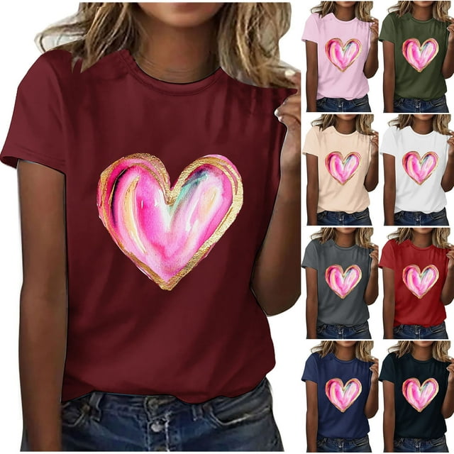 RKSTN Valentines Gift Valentine Shirts for Women Oversized Crewneck Valentine's Day Graphic Print Short Sleeve T Shirts Pullover Top Womens Casual Round Neck Plus Size Loose Comfy Summer Tee Shirts