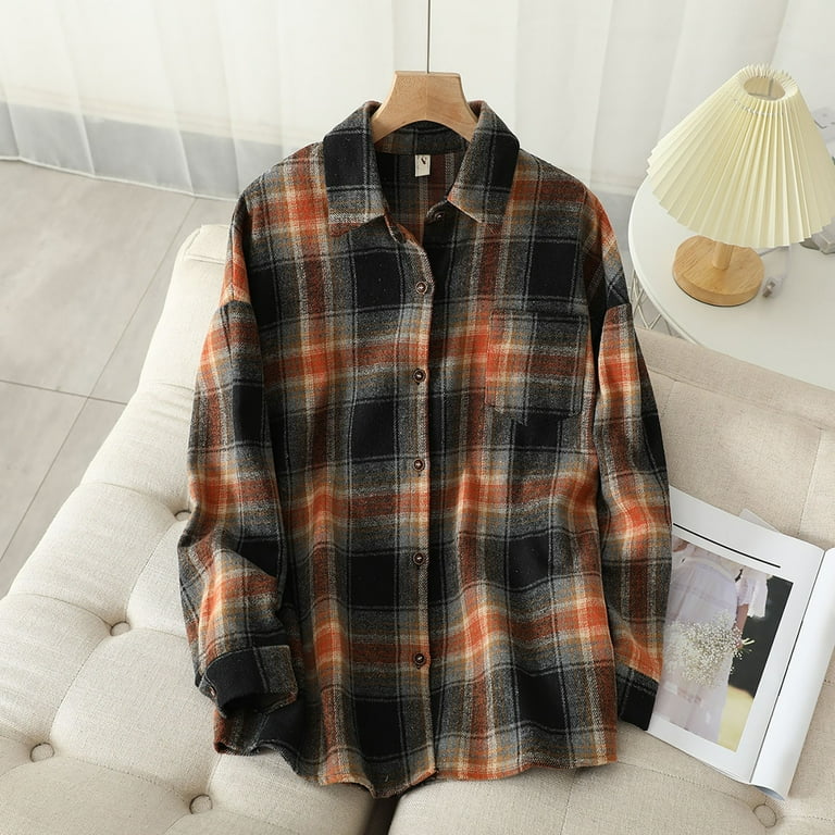 Women's Flannel Plaid Jacket Long Sleeve Button Shirts Coats