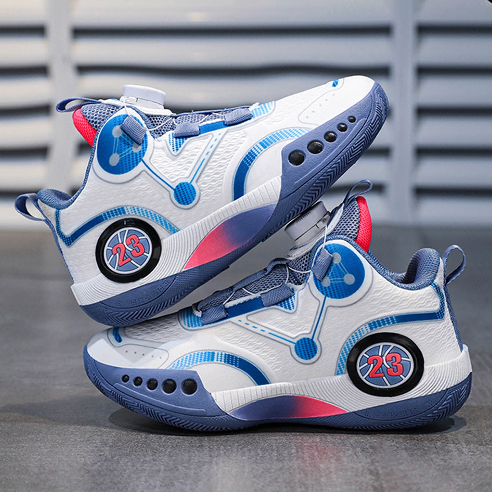 ZHOGXU Children Boys Sneakers Breathable Lightweight New Mesh Rotating Button Medium And Large Sports Shoes,Blue,7-8 Years