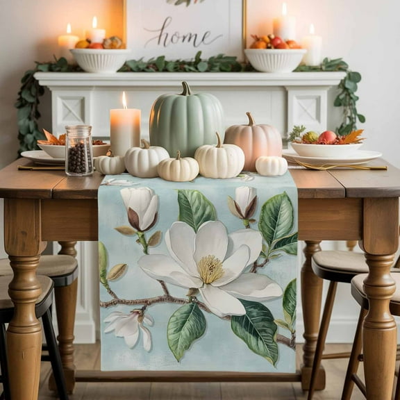 Magnolia Flowers Cotton Linen Table Runner, Washable Table Runners for Kitchen, Dining Room, Holiday, Home Party Table Decor, 13x72 Inches