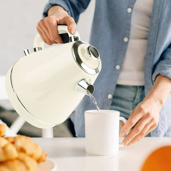 Electric Kettle 1.7L Retro Style Double Wall Stainless Steel Auto Shut-Off Boil Dry Protection Coffee Tea Boiler Cream