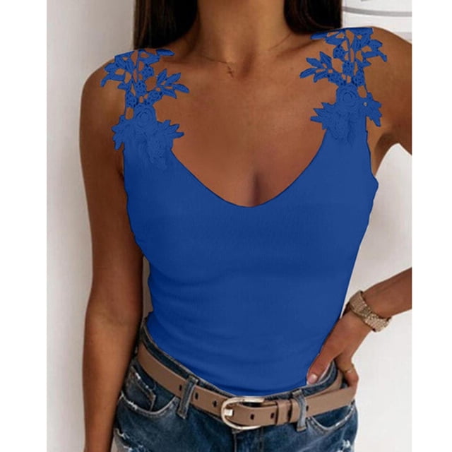 EGNMCR Débardeurs pour Femmes Mode Débardeurs Courts en Dentelle Unie Patchwork Col en V