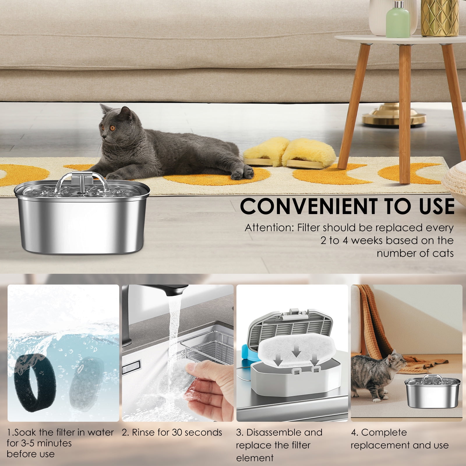 Ikoopy 64 Pack Cat Fountain Replacement Filter for Stainless Steel 108oz/3.2L Adjustable Water Flow Pet Water Fountain (32 Filter and 32 Sponge)