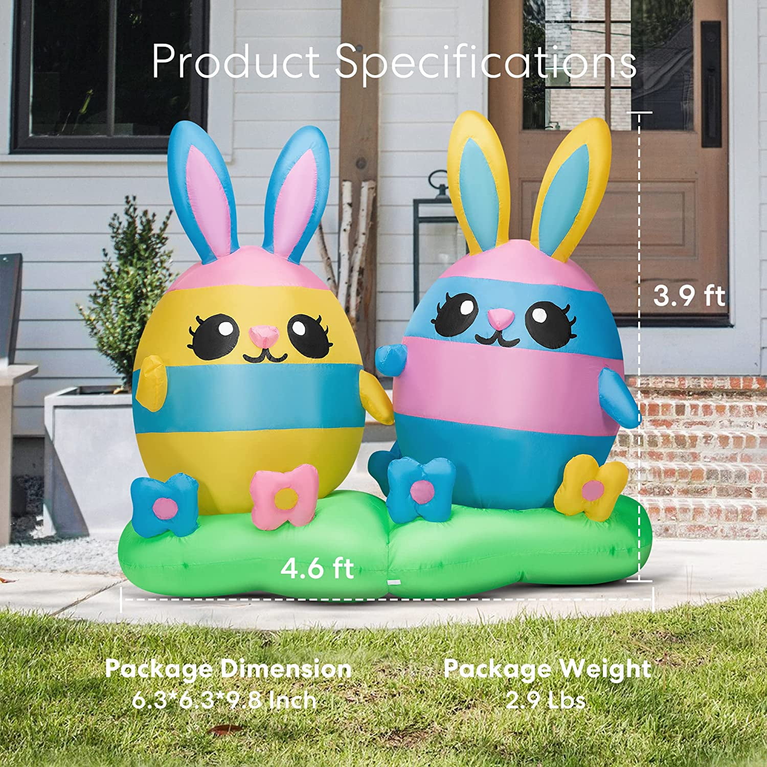 VIVOHOME 4ft Height Multicolored Inflatable 2 Easter Bunny Pastel Rabbit Eggs with Flower Field Built-in LED Lights Blow up Outdoor Lawn Yard Decoration