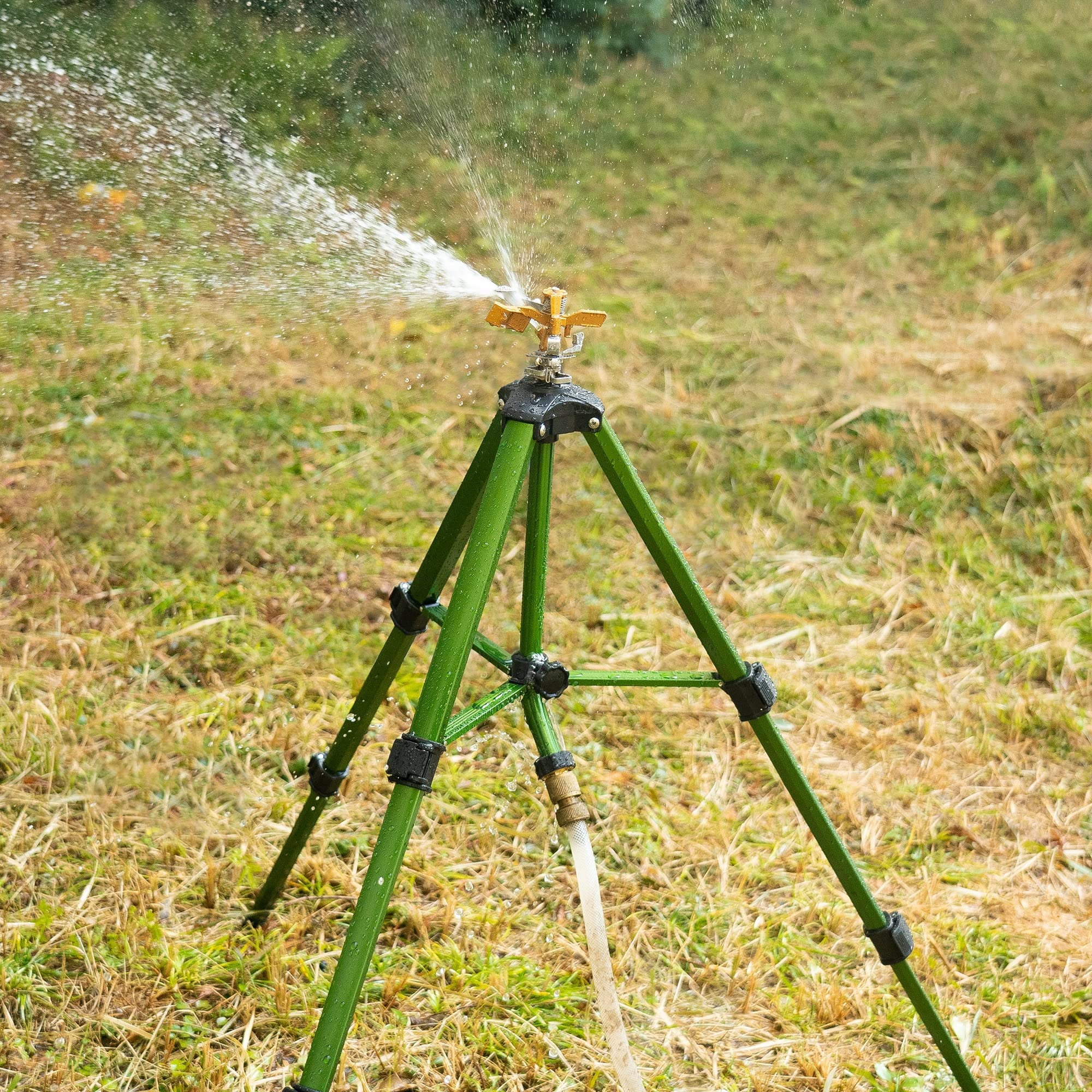 Impact Sprinkler On Tripod Base  Heavy Duty Brass Sprinklers For Yard Lawn Garden 0-360 Degree Large Area Coverage 3/4 Inch Connector Extension Flip Locks With Head