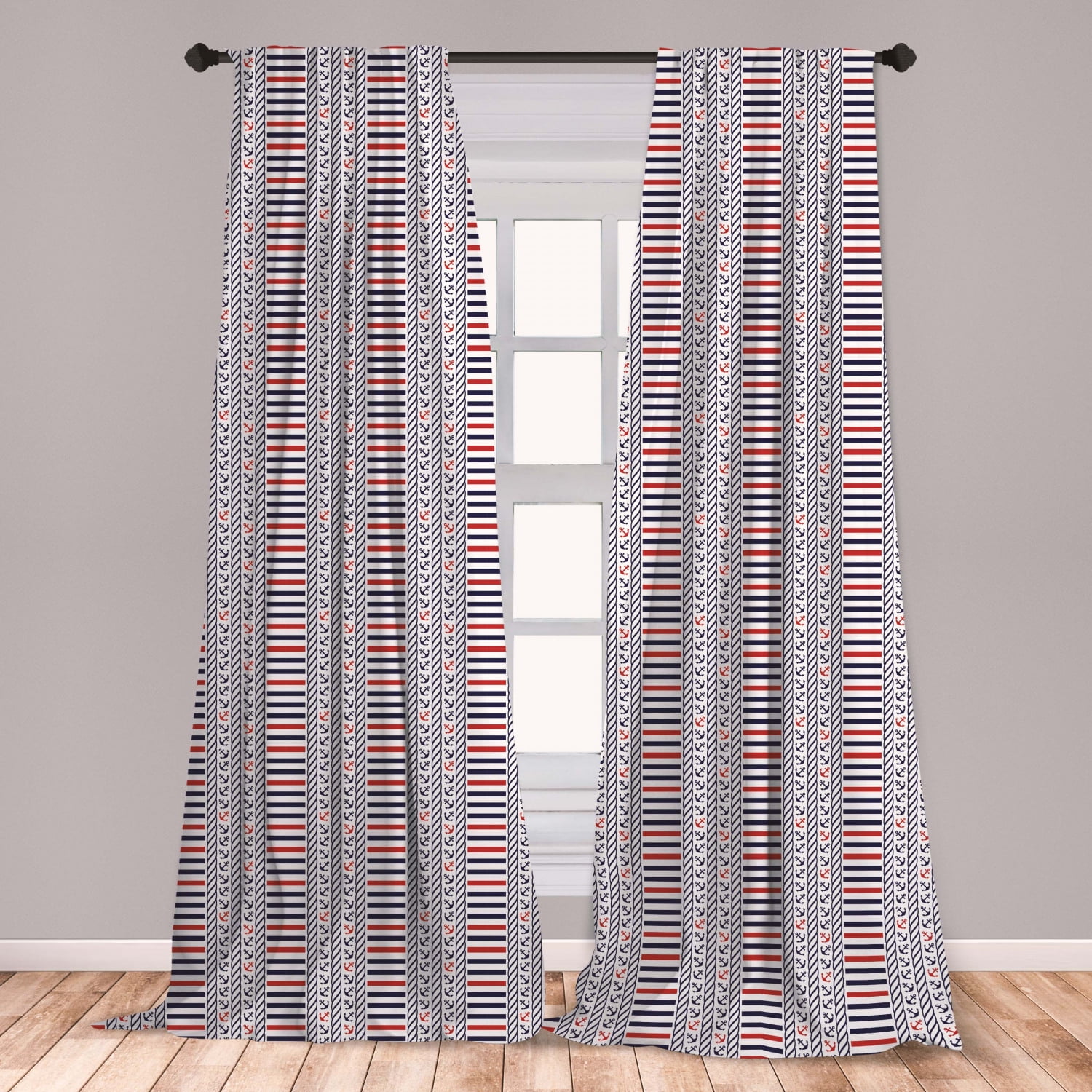 Nautical Curtains 2 Panels Set, Marine Pattern with Stripes Anchors