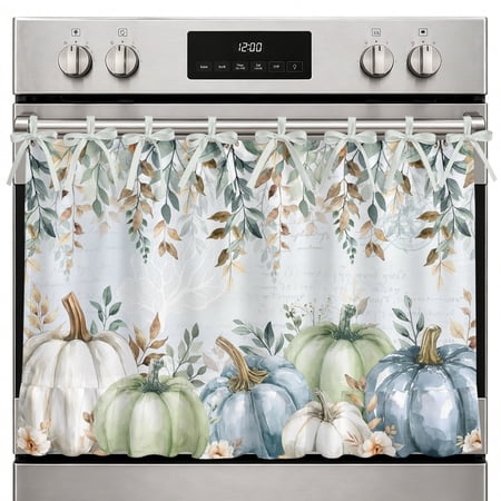 Farmhouse Oven Skirt Curtain Green Blue Pumpkin Fall Oven Curtain Thanksgiving Eucalyptus Leaves Floral Stove Skirt Curtains with Ties&Ruffle Trim Dishwasher Skirts Curtains for Cabinet 27 x20