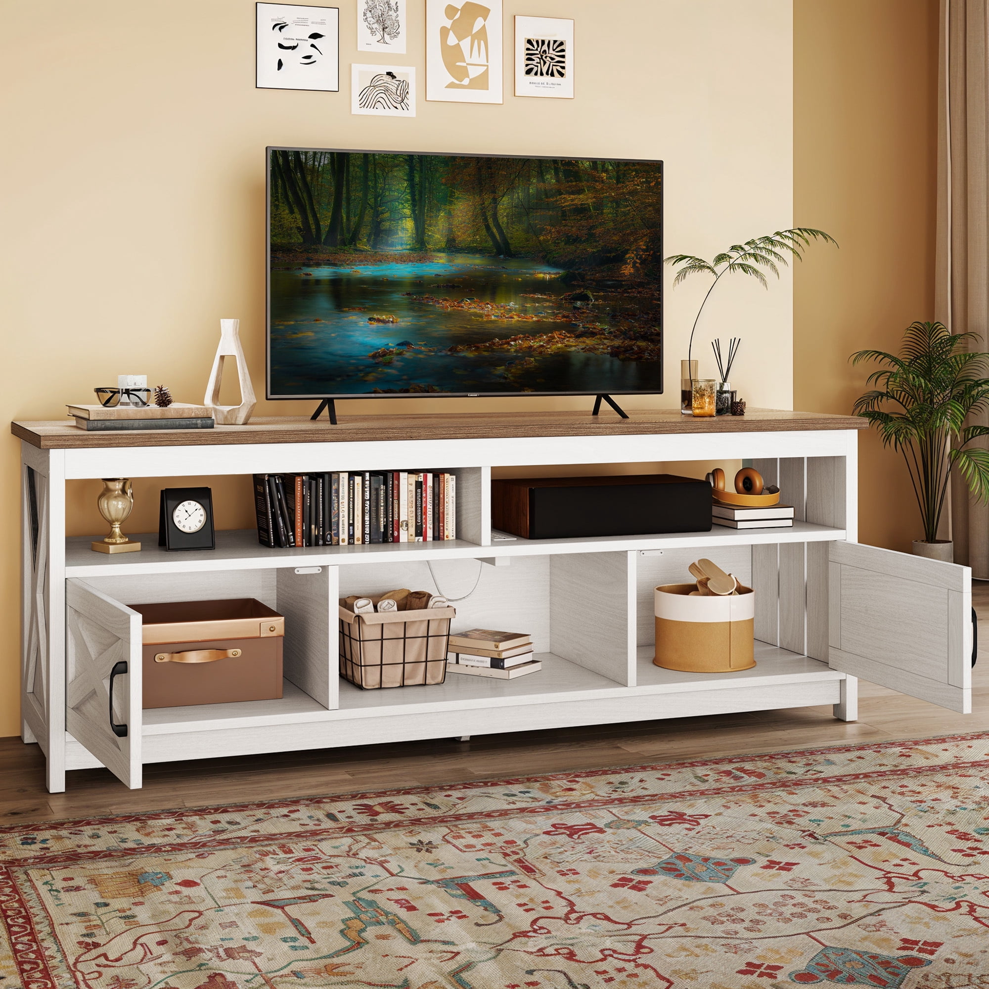 Uforic 65 Inch Farmhouse TV Stand Fits 70/75 Inch Flat Screen TV with RGB Ambient Light, Cable Holes, Built-in Power Station & Multi Storage Space for Living Room, Beige+White