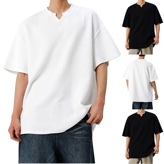 Momasggi Textured T-Shirts for Men Casual V Neck Tees Loose Fit Short Sleeve Tshirt Big and Tall Summer Going Out Tops White L