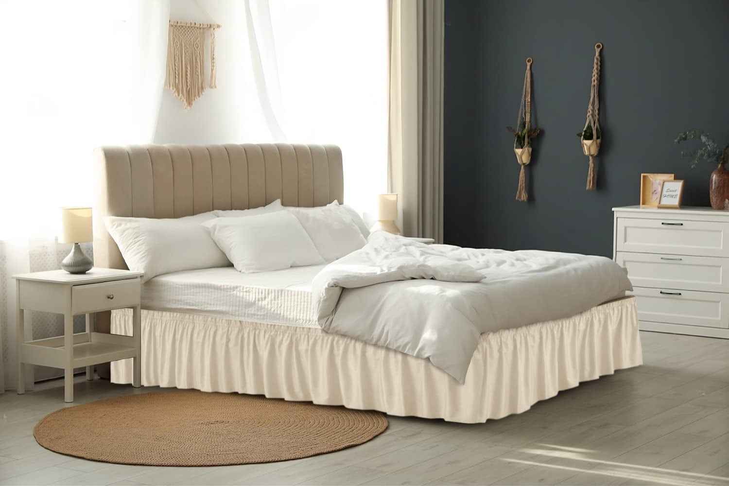CGK Linens Wrap Around Dust Ruffle Bed Skirt - For Twin Size Bed With 12 Inch Drop, Easy Fit Elastic Strap - Pleated Bedskirt, Cream