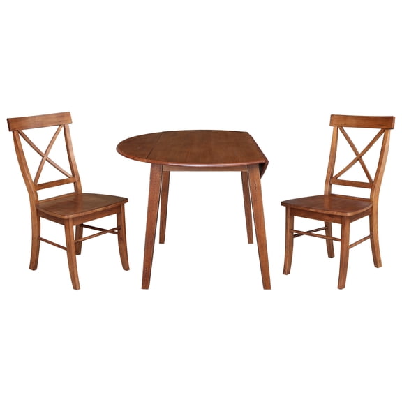 42" Round Solid Wood Dual Drop Leaf Table with 2 Chairs in Distressed Oak