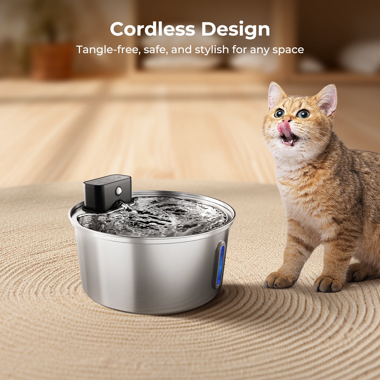 Wireless Stainless Steel Pet Water Fountain, 3.2L/108oz Automatic Cordless Water Dispenser with 3 Smart Modes, Ultra Quiet Pump, Rechargeable Battery, Multi-Filtration for Cats & Dogs
