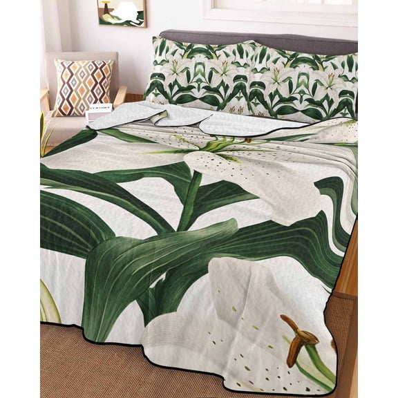 Lily Flower Full Size Down Alternative Comforter, Lightweight Comforter Quilt Bedding Set with Pillow Shams Nature Botanical Garden Florals Watercolor All Seasons Bed Comforter Duvet Insert 78"x90"