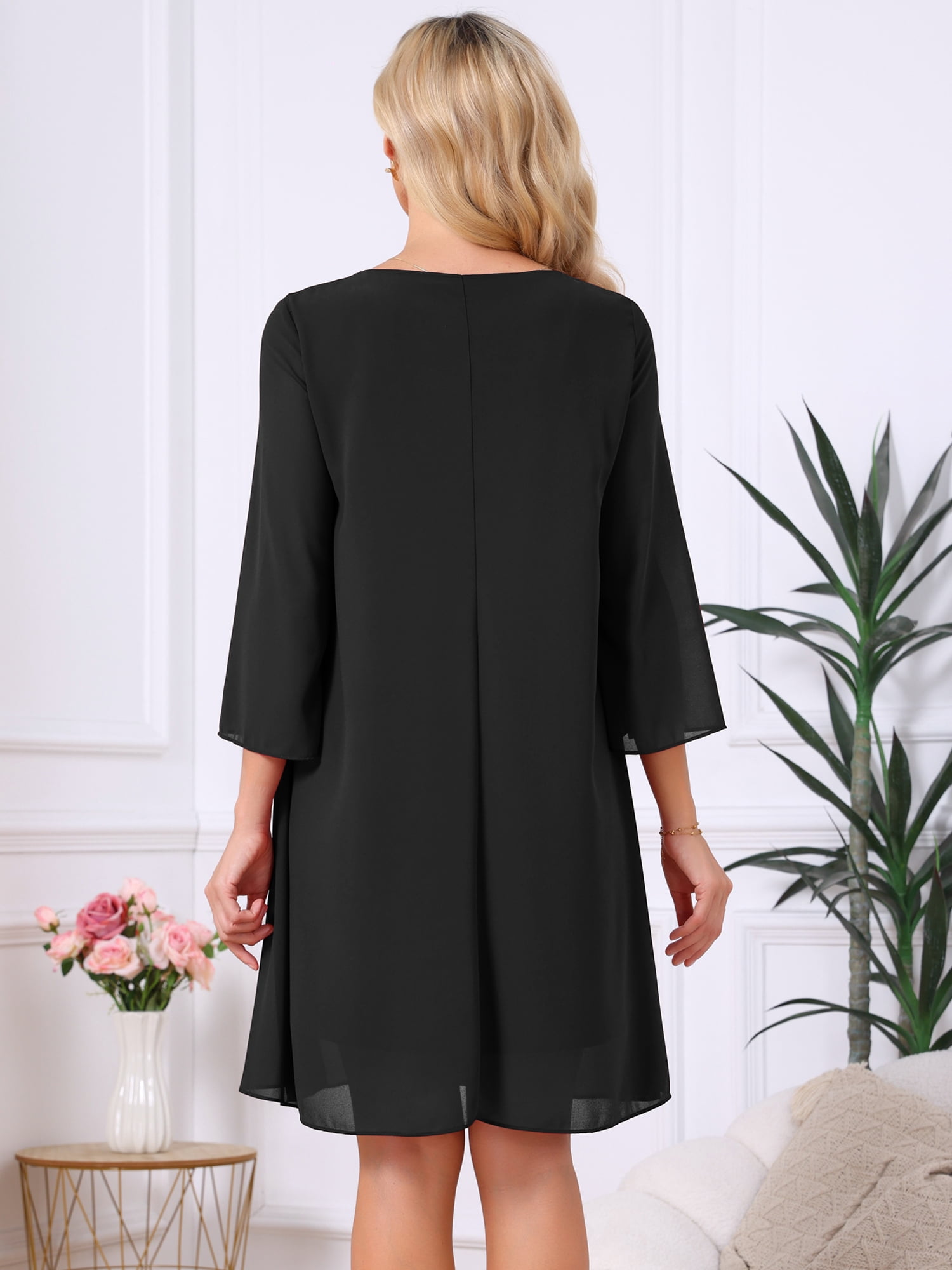 DARING DIVA Women's Chiffon 3/4 Sleeve Flowy Wedding Guest Dress XL Black