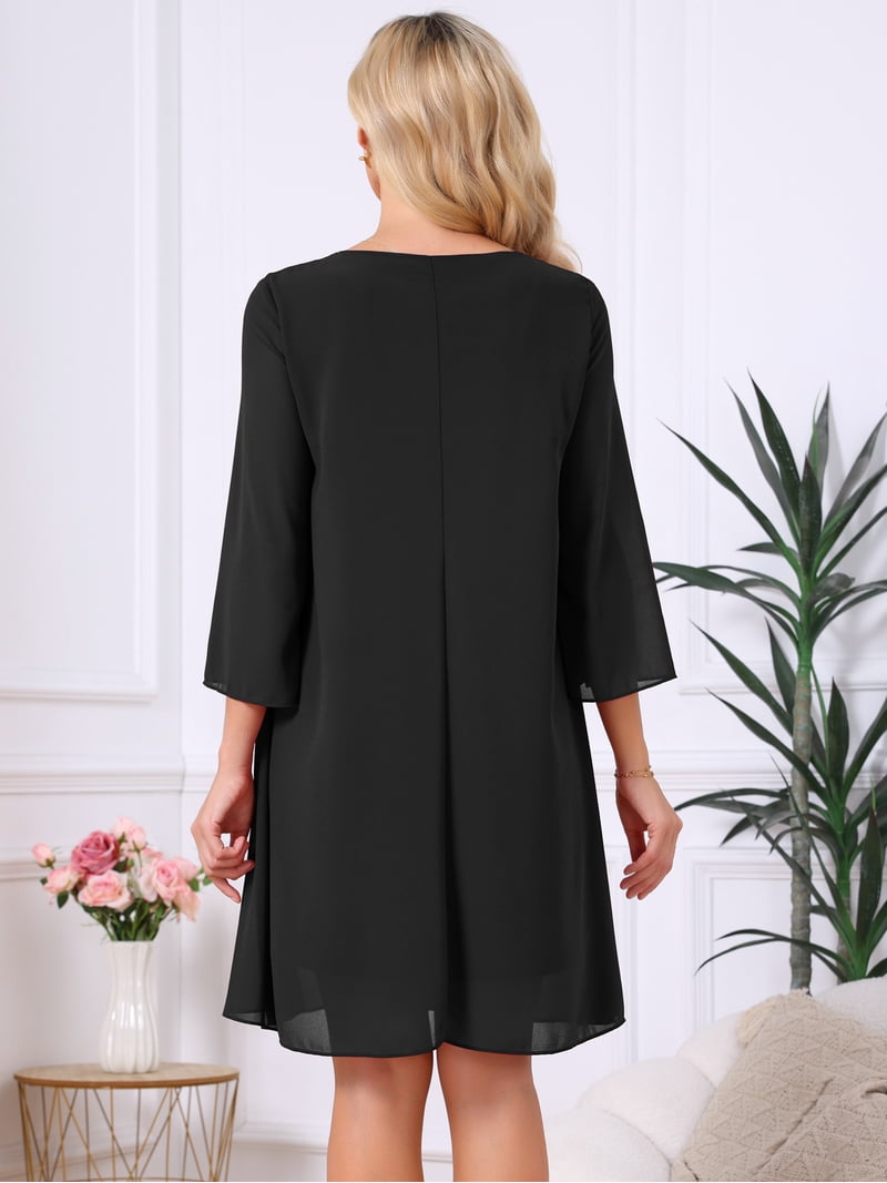 flowy black wedding guest dress DARING DIVA Women's Chiffon 3/4 Sleeve M styleattribute-long sleeve dresses