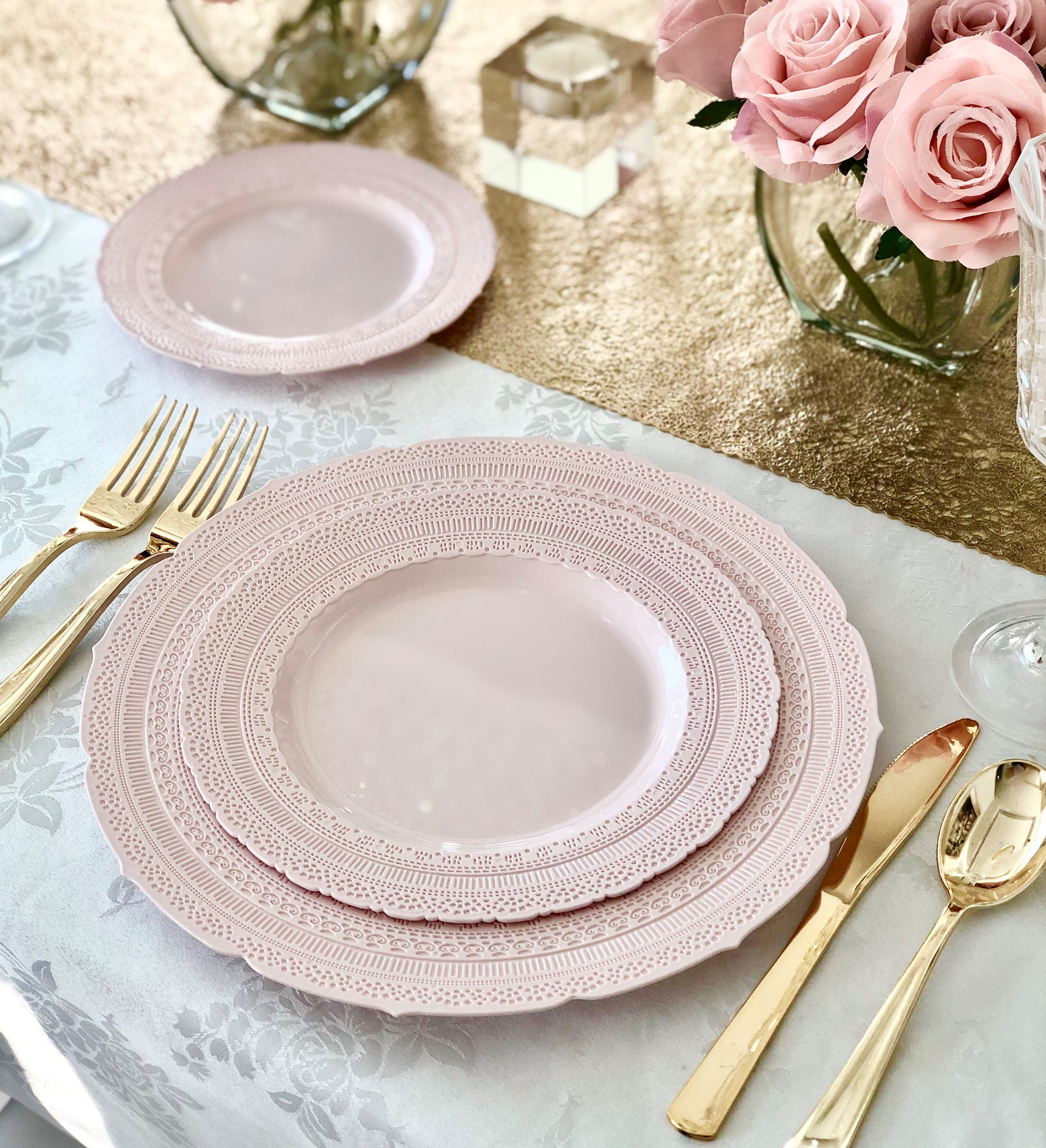 " OCCASIONS " 80 Plates Pack,(40 Guests) Extra Heavyweight Vintage Wedding Disposable / Reusable Plastic Plates 40 x 11'' Dinner + 40 x 8.25'' Salad / Dessert Plate (Chateau Blush Pink)