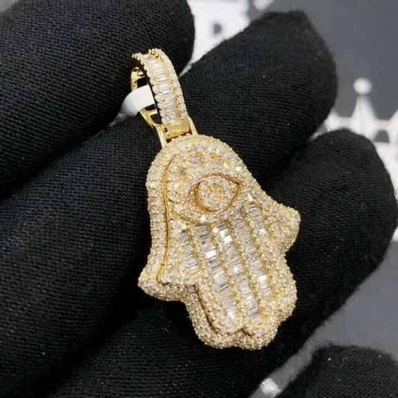 New 2ct 14K Yellow Gold Plated Silver Hamsa Hand Women's Pendant Lab Created Diamond