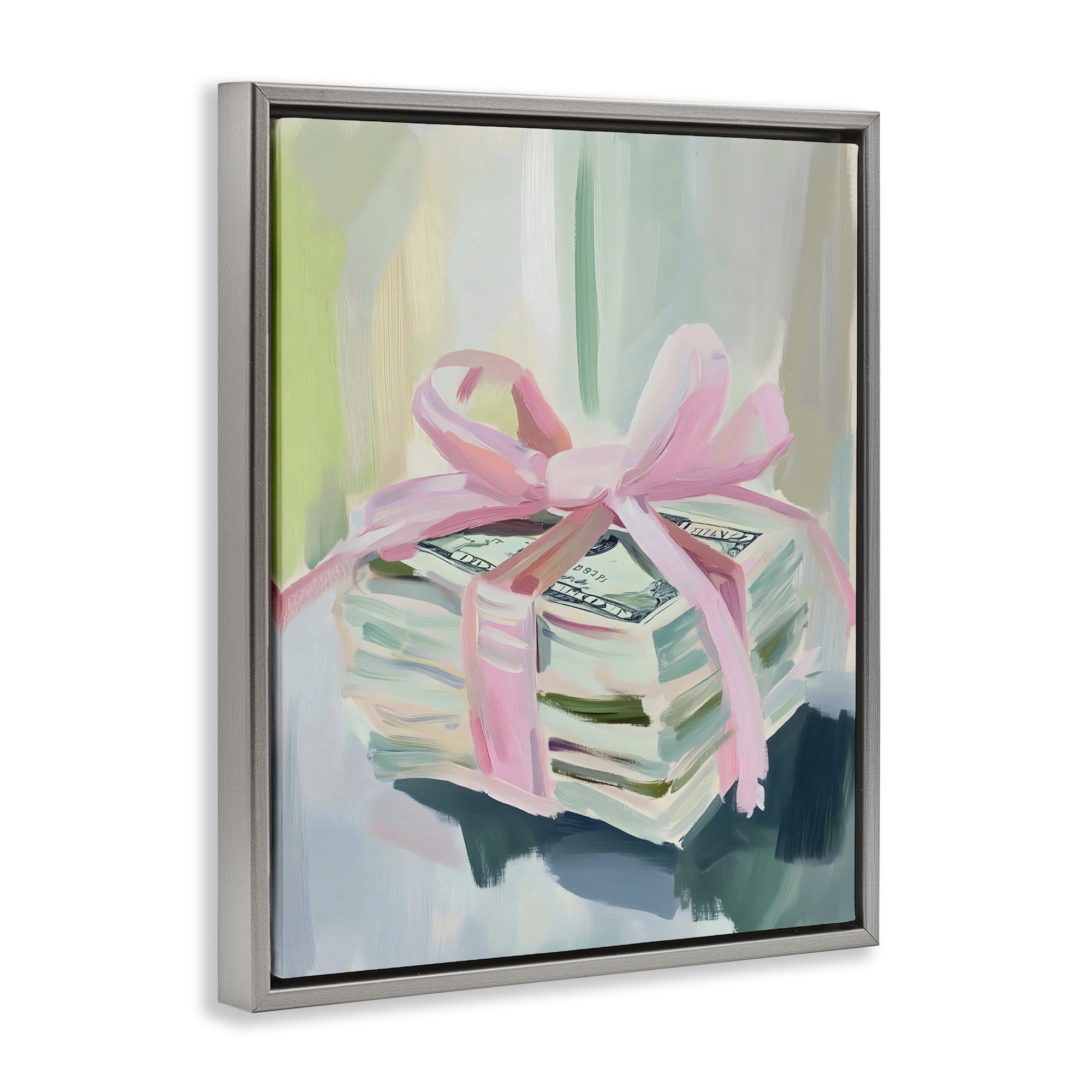 Stupell Industries Pink Bow Cash Bundle Gray Framed Floater Canvas Wall Art, design by The Prints Vibe