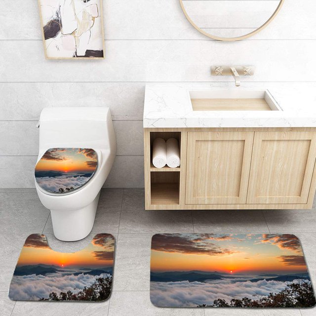ABPHQTO Las montañas Seoraksan están cubiertas por la niebla matutina y el amanecer Juego de alfombras de baño de 3 piezas Alfombra de baño Alfombra de contorno y tapa de inodoro