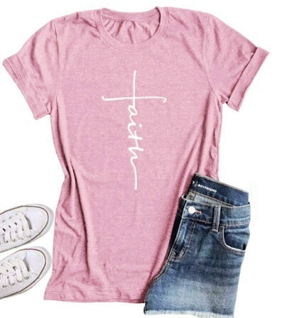 Women Fashion Cross Faith Print Religious Casual Short Sleeve Graphic ...