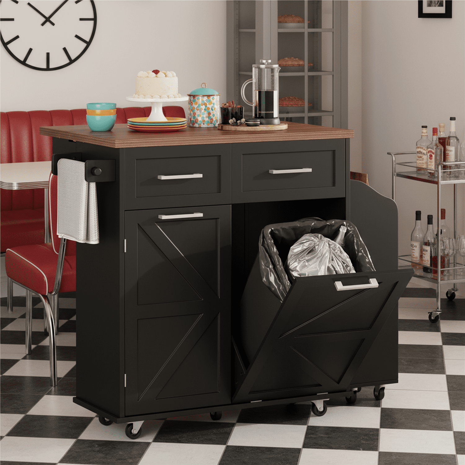 Homy Casa Kitchen Serving Cart with Drop Leaf, Storage Cabinets, Drawers and Wheels, Black