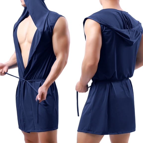 Fewfanhot Men Hooded Sleeveless Bathrobe, Quick Dry Open Front Thin Mini Length Thin Self Tie Swim Cover Up Lounge Robe