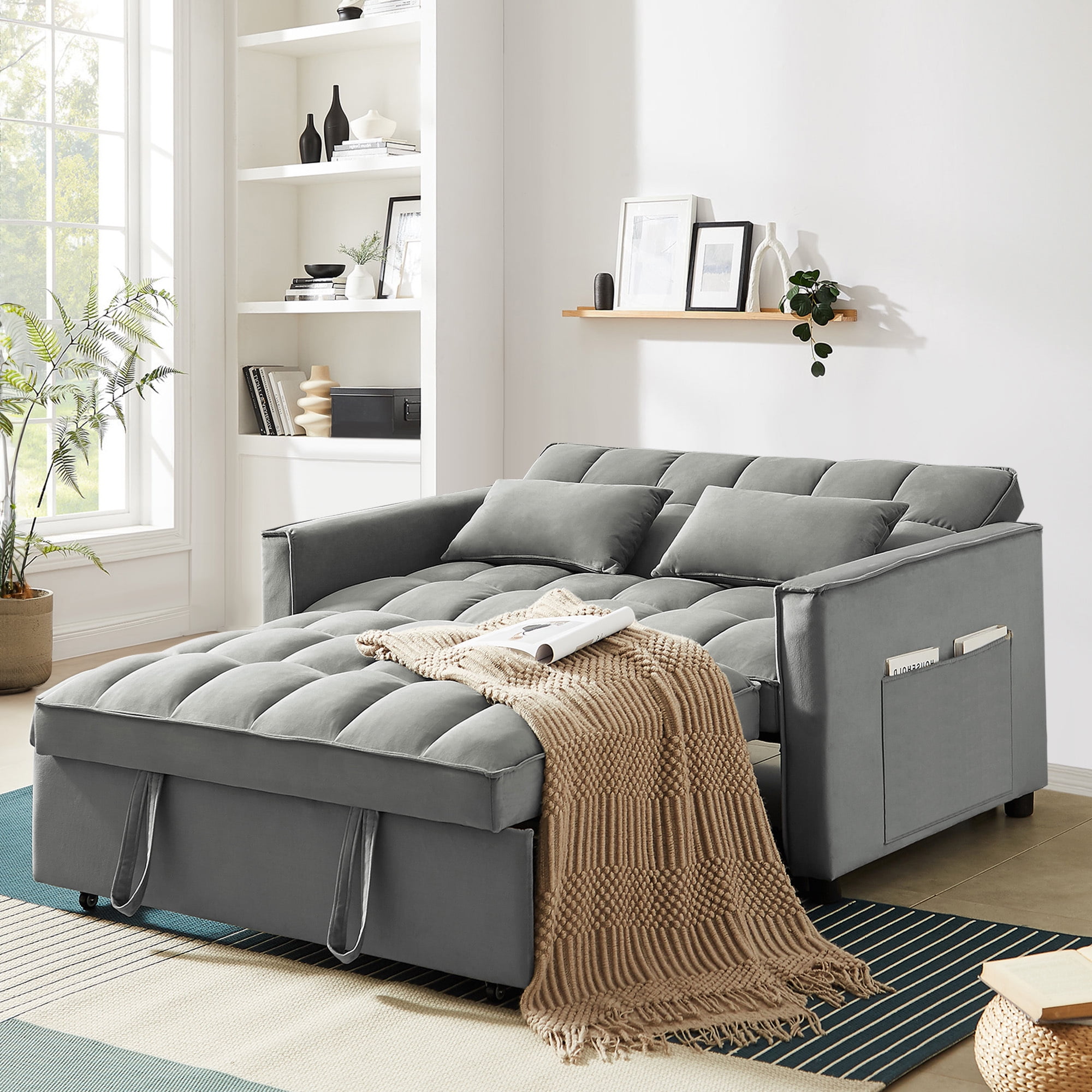 Lunale 4-in-1 Convertible Futon Sofa Bed, Pull Out Couch Beds Loveseat Sleeper, Gray Velvet