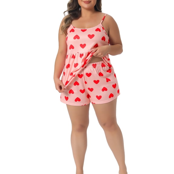 Agnes Orinda Women's Plus Size 2 Piece Nightwear Heart Pattern Cami and Boxer Shorts Cute Soft Lounge Pajamas Set 1X Pink