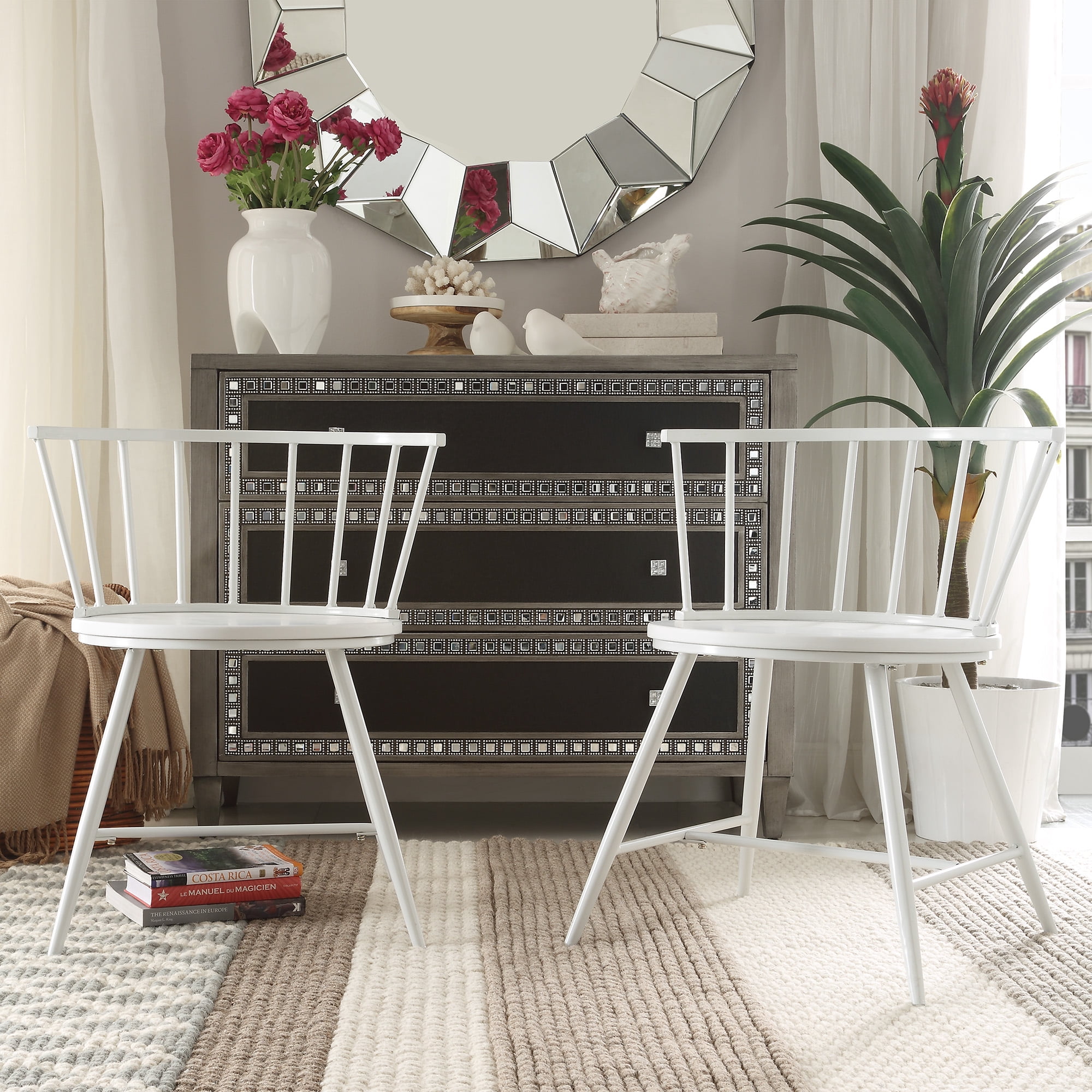 Weston Home Chelsea Low Back Metal and Wood Dining Chair, Set of 2, White