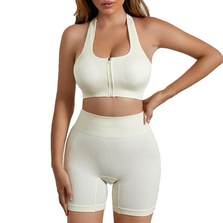 Abomasnow Womens Workout Sets Front Zipper Closure Cross Back Sports Bra High Waist Shorts 2 Piece Seamless Ribbed Running Workout Yoga Outfits