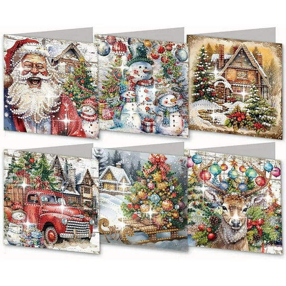 Diamond Art Christmas Greeting Card,5D DIY Diamond Art Painting Greeting Card Kit,6pcs DIY Rhinestone Painting Postcards Arts Crafts Thank You Card Christmas Birthday Gifts