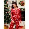 thumbnail image 3 of Red Womens Christmas Pajama Set Faux Silk Reindeer & Snowflake Print Long, 3 of 7