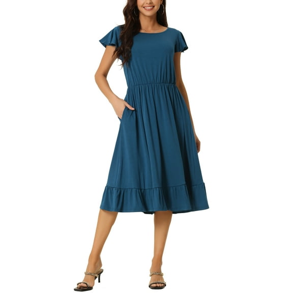 INSPIRE CHIC Women's Summer Casual Dress with Pockets Flutter Short Sleeve Crew Neck Ruffle Hem Midi Dress S Blue