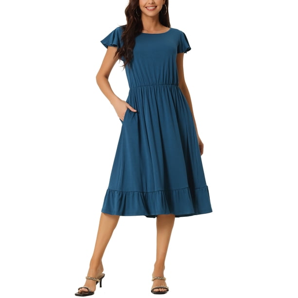 Vestido Casual de Verano para Mujeres INSPIRE CHIC con Bolsillos, Manga Corta con Volantes, Cuello Redondo, dobladillo con Volantes, Midi, Talla M, Azul