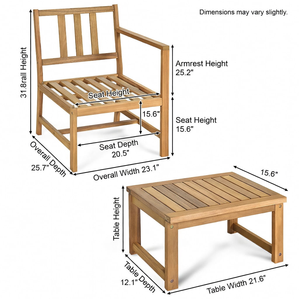 Hommoo 3-Piece Acacia Wood Outdoor Loveseat Set with Detachable Coffee Table & Removable Cushions, Teak Patio Furniture for Backyard, Balcony & Poolside, Natural