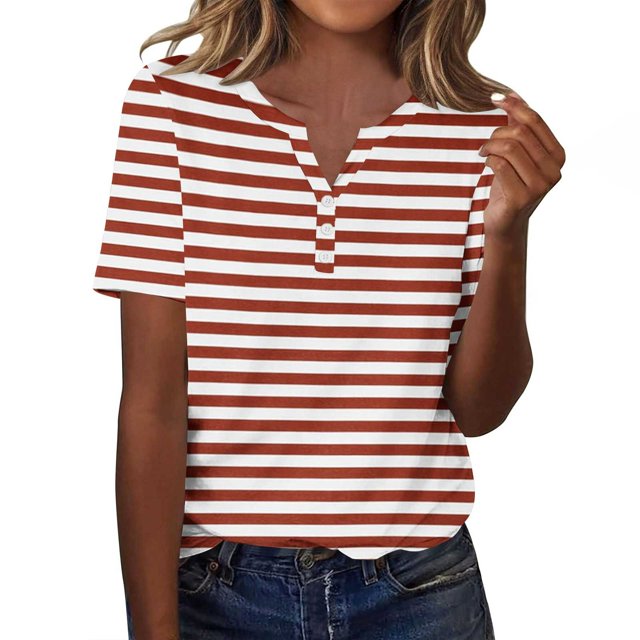 Plebaso T-Shirts à Rayures Col en V pour Femmes Manches Courtes Été Décontracté Blouses Amples pour Femmes
