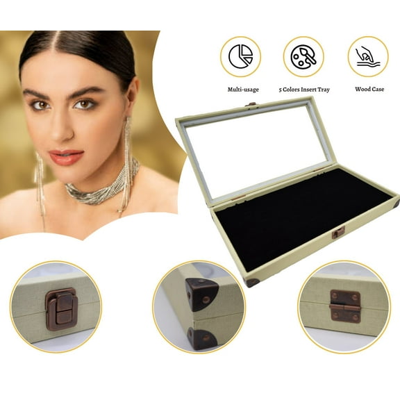 Novel Box Glass Top Linen Jewelry Display Case With 72 Foam Ring Inserts