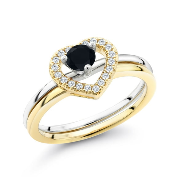 Gem Stone King 0.46 Ct Round Black Onyx 18K Two-Tone Plated Sterling Silver Ring (Size 5)