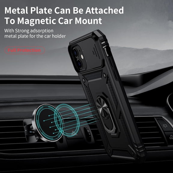for iPhone 11 Case with Camera Lens Cover, 10 FT Military Grade Drop Protection, Magnetic Ring Holder Kickstand Protective Phone Case for iPhone 11, Black