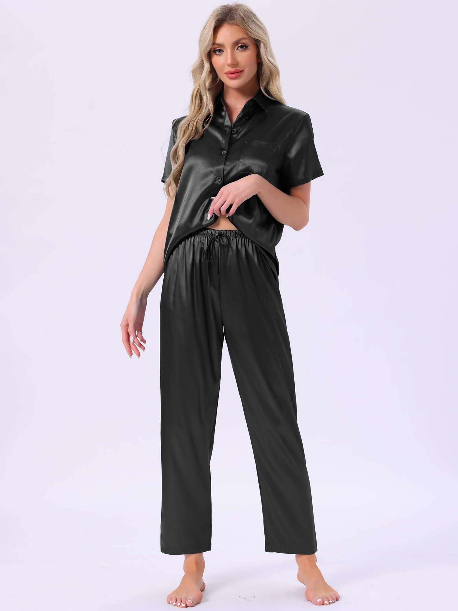 DARING DIVA Satin Pajamas Silky Button Down Short Sleeve Shirt Pants Set M Black