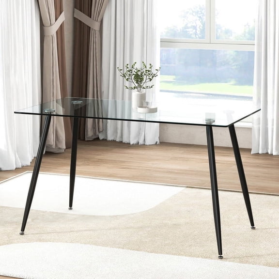 FITHOOD Modern Glass Rectangular Dining Table with Metal Legs