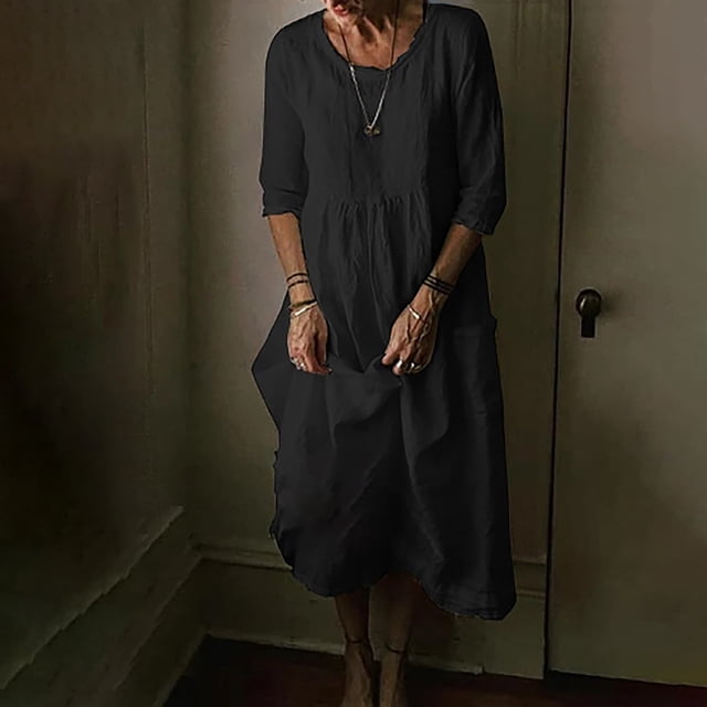 FcBaudy Robe à Manches Longues Col Rond Cheville, Robes pour Femmes, Robes d'Été Mode Femmes Hiver Décontracté Col Rond Manches 1/2 Poche Longue Robe Femmes