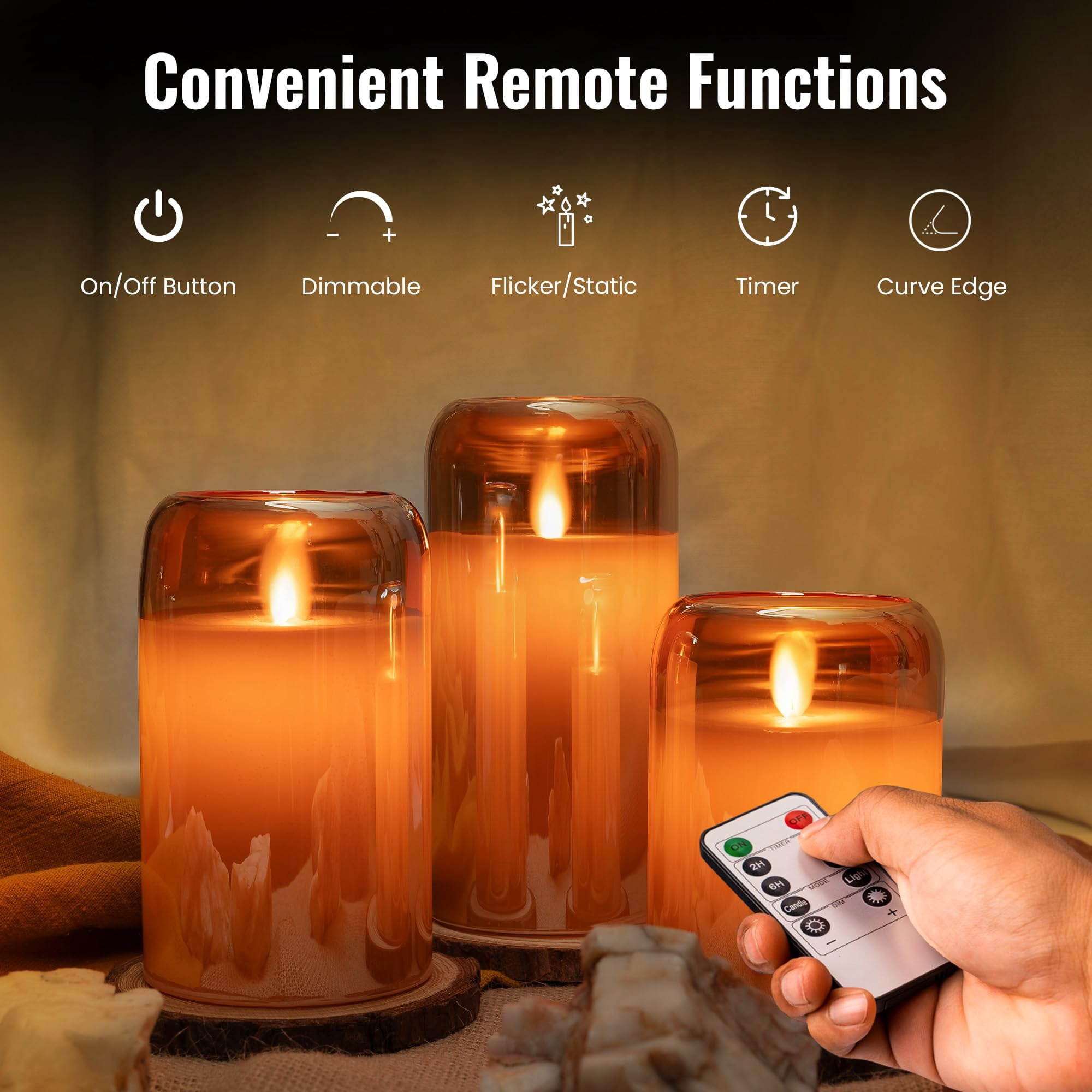 WYZworks LED Mirrored Glass Round Hurricane Pillar Flameless Candles, Real Wax Realistic Wick Flickering Flame, Battery Operated (Included), Remote & Timer (Set of 3, Gold Tinted Metallic)