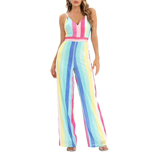 LOVZFMLL Women's Jumpsuit, V-Neck Sleeveless Multicolor Striped Sequin Trousers Romper Multicolor, S